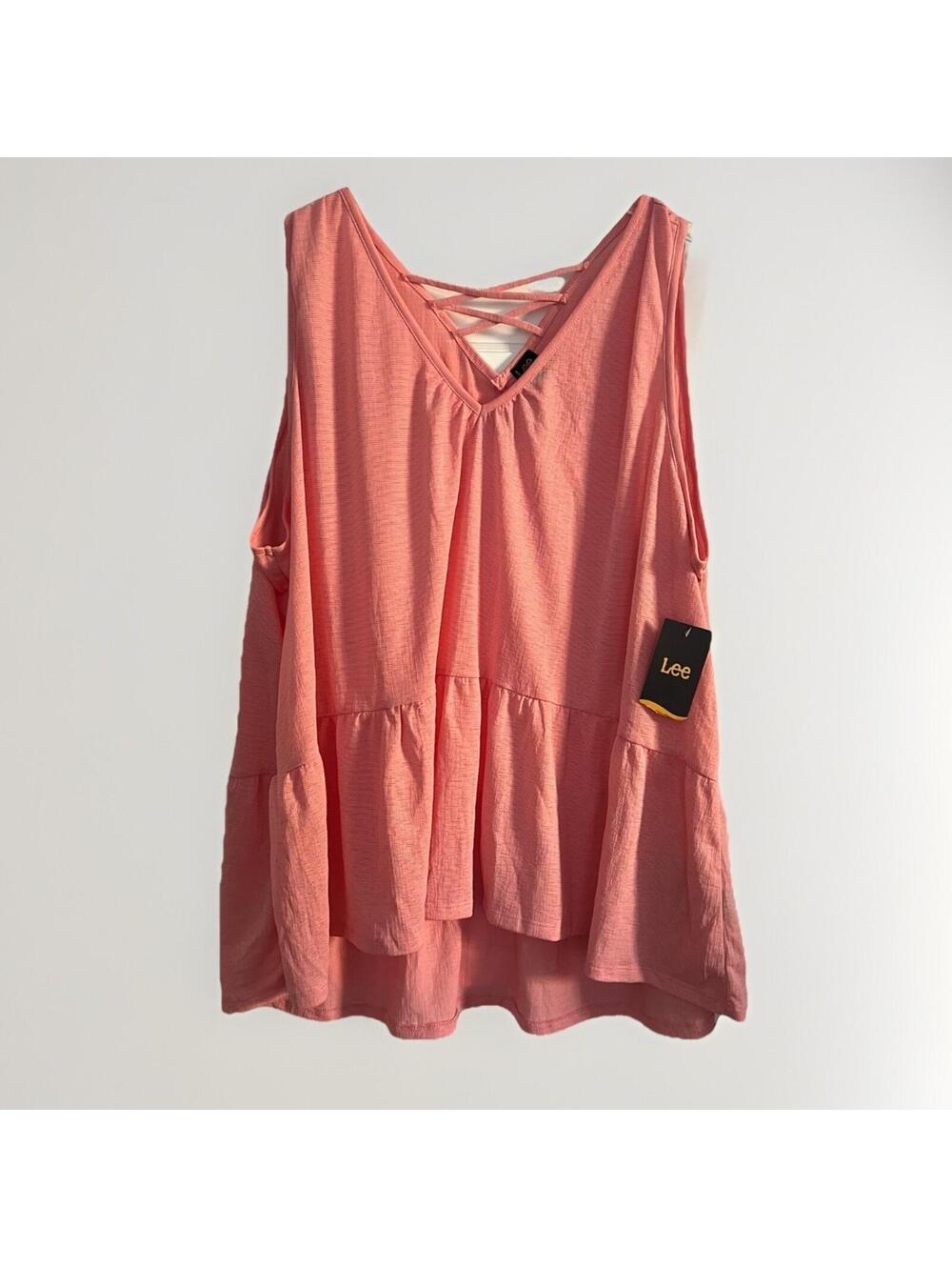 NWT Lee Plus Size 3XL Tank Top Pink Tiered Peplum Caged Strappy V Neck Blouse